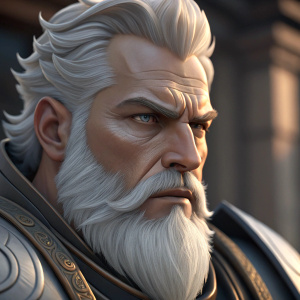 Reinhardt's face from Overwatch. Intense expression, intricate beard, white skin texture
