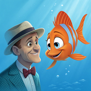 Illustration for 'The Incredible Mr. Limpet'. Animated fish character next to actor in hat and bow-tie. Bright blue background