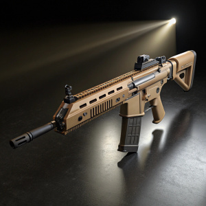 Digital 3D model of Bushmaster ACR rifle. Light brown finish. Rendered on a sleek black surface under a spotlight, casting sharp shadows.