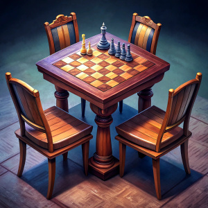 indoor table with a chessboard on it. the chess pieces are arranged on it in the correct order