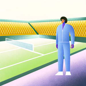Rafael Nadal, wearing a blue Nike tracksuit, stands solo on an empty tennis court.