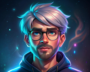 26 years old person,very short white hair (almost moican), beard, and glasses, smilling