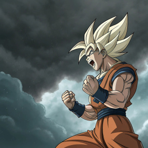 Goku, from Dragon Ball Z, executing a powerful pose. Muscular body, clenched fists. Dark, stormy sky backdrop.