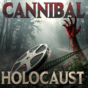 Horror movie poster for 'Cannibal Holocaust'. Film reel and bloody hand in eerie composition.