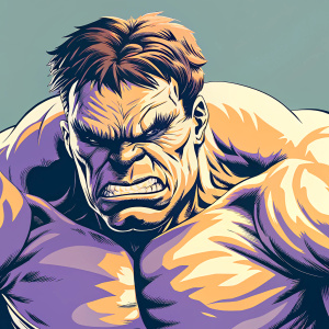 Digital art of Hulk Toy, angry expression, green skin, brown hair. Rendered in detailed 3D style.