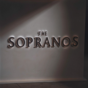 Modern, sleek logo design for 'The Sopranos'. Features bold, italicized font with metallic detailing in shades of gold and black. Displayed prominently on a plain white backdrop.