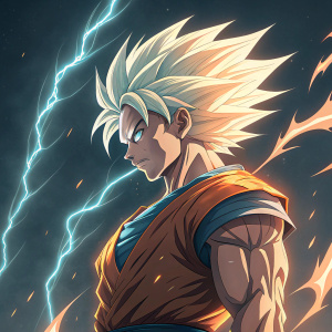 Anime illustration featuring Goku from Dragon Ball. Surrounded by glowing aura and lightning effects. Dynamic pose.