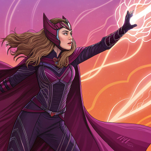 Scarlet Witch in action pose. Wearing purple costume with detailed patterns. Brightly colored background, similar to comic book style