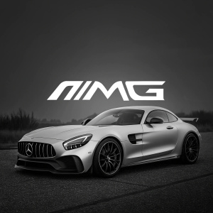 Modern, sleek design showcasing the Mercedes AMG GTR logo. Black background, 'AMG' in bold white letters, minimalistic and striking.