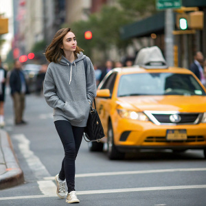 Lily Collins, casually dressed in a grey hoodie and black leggings, walking on a bustling city street. A yellow taxi passes by in the background.
