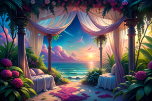 "Imagine a tropical paradise-inspired romantic room with flowing canopy curtains, vibrant floral accents, and a canopy bed overlooking a moonlit ocean. Create a scene that transports viewers to a romantic escape."

