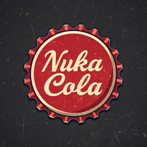 Stylized Nuka Cola logo designed with spiky, emblem-like elements. Vibrant red color with off-white text. Dark, grungy textured background. Inspired by Fallout 4 aesthetic, logo is central focus with bold, clear design.