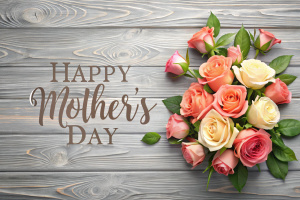"Happy Mother's Day" simple typography on grey wooden background with a bouquet of rose flower bouquet, photorealistic, highly detailed
