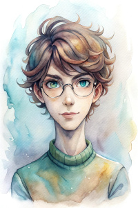 Cute slender young guy with short dark wavy hair, wearing glasses and a sweater, smiling happily