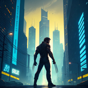 Digital art of Wolverine from X-Men. Futuristic cityscape background, blue and yellow hues.