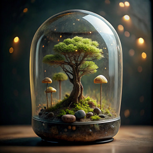 Bonsai dentro de una caspsula trasparente, con setas de hongos pequeñas de colores fosforescentes saliendo de sus reizes, con fondo de también contaminado 
