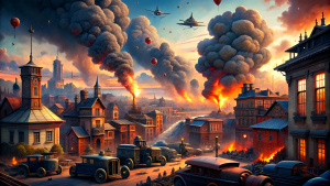 Generate an animated scene that transitions from the chaotic aftermath of World War I to a vibrant, uncertain interwar period with changing societal dynamics.