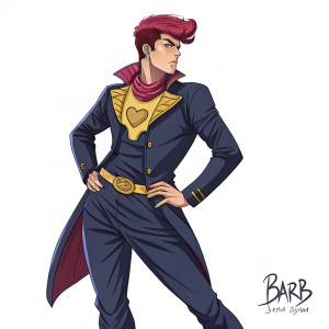 In the digital realm of JoJo's Bizarre Adventure, Josuke Higashikata, a heroic character, poses boldly. Artist 'Barb' signature at bottom. White background highlights Josuke's vibrant essence