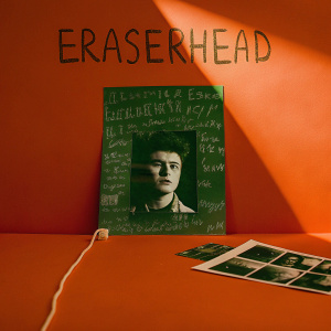 Black and white film poster for Eraserhead. Illustration of a young man's face against an aged, textured building backdrop. Director's credits in sketch-like style.