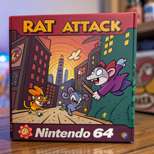 Rat Attack video game box art. Nintendo 64. Cartoon rats in a colorful, chaotic cityscape. Bright, playful colors and the iconic Nintendo logo.