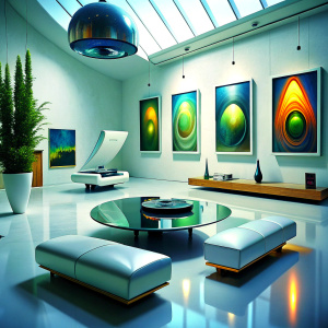 A Neo Futurist home environment, ''futuristic furniture'' and a record player controlled by artificial intelligence, three paintings where I can add visuals to the walls