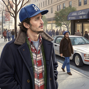 James Franco, donning a blue Los Angeles Dodgers cap, a plaid shirt, and a dark coat, stands outside a bustling city street. Numerous pedestrians and a parked car in the background.