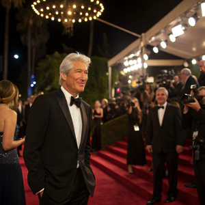 Richard Gere at a glamorous gala event. Dressed in a tuxedo, posing for photographers among a crowd of elegantly attired guests.