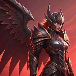 A fierce digital warrior from the game Wild RIFT. She sports a blend of advanced armor and sharp, metallic designs. A large, wing-like feature extends from her back. Standing tall and resolute, her stern face and fiery eyes convey unwavering strength. Set against a vivid red background, she exudes an aura of immense power.
