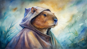 one capybara saucily flirting in robe with hood