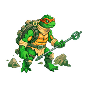 A post-apocalyptic survivor turtle, wearing scavenged armor and ...
