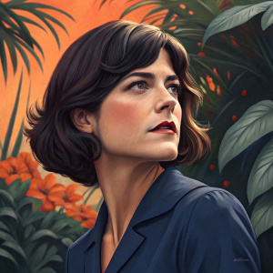 Close-up portrait of Selma Blair, Caucasian actress with a dark brown bob haircut and a serious expression. Wearing a fitted dark blue blouse. Background of lush greenery and vibrant orange tones. Focus on upper body and face