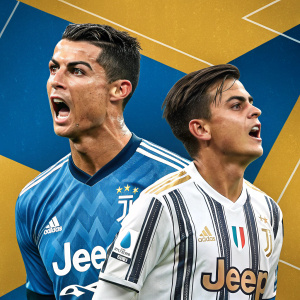 Collage featuring soccer stars Cristiano Ronaldo and Paulo Dybala. Ronaldo in blue Jeep-branded jersey, intense gaze. Dybala in white and gold-striped jersey, passionate look. Geometric shapes and blue, gold hues dominate background.