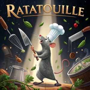 Movie poster for 'Ratatouille'. A culinary scene. Rat amidst a flurry of knives, whisk, and herbs. Dark kitchen background, spotlight on the rat holding a chef's hat