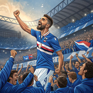 Gregoire Defrel, Sampdoria star, celebrates his goal in a sea of blue. Stadium filled with passionate fans wearing identical blue jerseys.