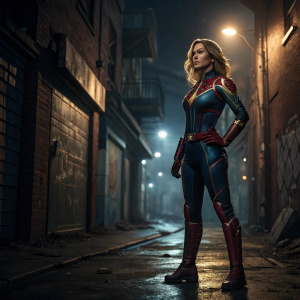 Digital artwork featuring Captain Marvel. Dark urban alleyway background. Heroine standing with one hand on hip, confident pose. Stark contrast between vibrant heroine and gritty surroundings.