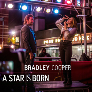 Photorealistic promo image for 'A Star is Born'. Jennifer Lopez performing on stage. Bradley Cooper in background. Digital release info displayed