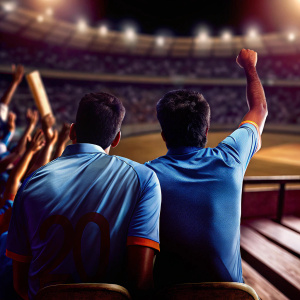 Axar Patel, wearing light blue jersey with number 20, in a relaxed pose, patting Virat Kohli on the back. Both in light blue cricket uniforms. The blurred background shows a cheering crowd at an outdoor stadium.