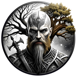 Wikinger mit zwei Gesichtern baum yggdrasil – and weapons high-definition design grey and black, realistic tattoo design, white background