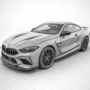 Digital rendering of BMW M8 Coupe in grayscale. Detailed wireframe model highlighting sleek, aerodynamic design. Set against a blank background, showcasing the car's sporty side profile.