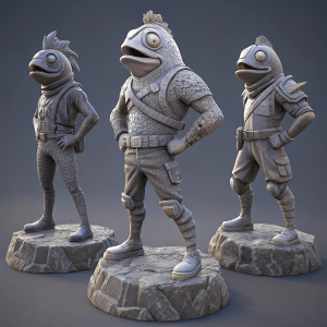 Three Fortnite-themed statues, resembling fishstick-like characters, illustrated in a digital 3D render. Gray rock-like texture, detailed surfaces, positioned on a uniform gray background.