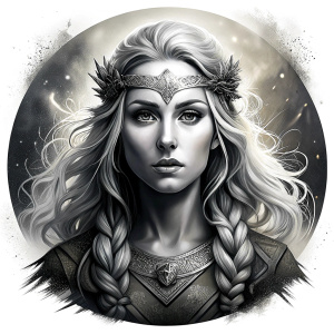 Saga, The Seer - Nordic Goddess of Sagas & Myths perfect realistic art, high-definition grey and black, white background tattoo design