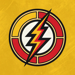 Bold and vibrant logo for Power Rangers featuring a central emblem with a lightning bolt and ring design in yellow, black, and red colors. The logo embodies modernity and strength, with the lightning bolt as the focal point.