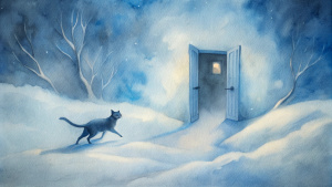 hut door, kitten running in, winter, night