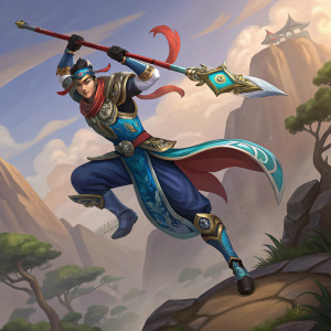 Ne Zha from the game Smite, mid-air battle scene. Vibrant colors and dynamic action. Traditional Chinese-style clothing with blue and metallic accents. Stylized rocky terrain with earthy tones