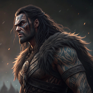 Digital illustration of Teblor warrior. Long, dark hair, fierce expression, detailed tribal tattoos. Dark, ominous background