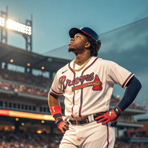 Ronald Acuna Jr., outfielder for Atlanta Braves, intense pose, stadium background.