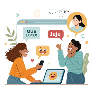 Group chat with friends sharing memes and using animated emojis while conversing in Spanish.