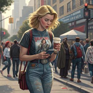 Scarlett Johansson on a bustling street. Dressed in casual jeans and a vintage band t-shirt. She's holding a coffee, looking at her phone. The background is filled with tourists and city noise.