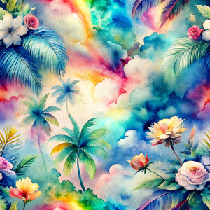 Pattern Seamless, Vintage Old, Soft Colors, abstract Tie Dye, Rainbow, Tropical Flowers Plants