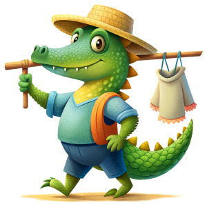 A country alligator carrying on his shoulders a bundle of clothes hanging from a stick, his hand making a farewell gesture. Gabby Gator style, white background